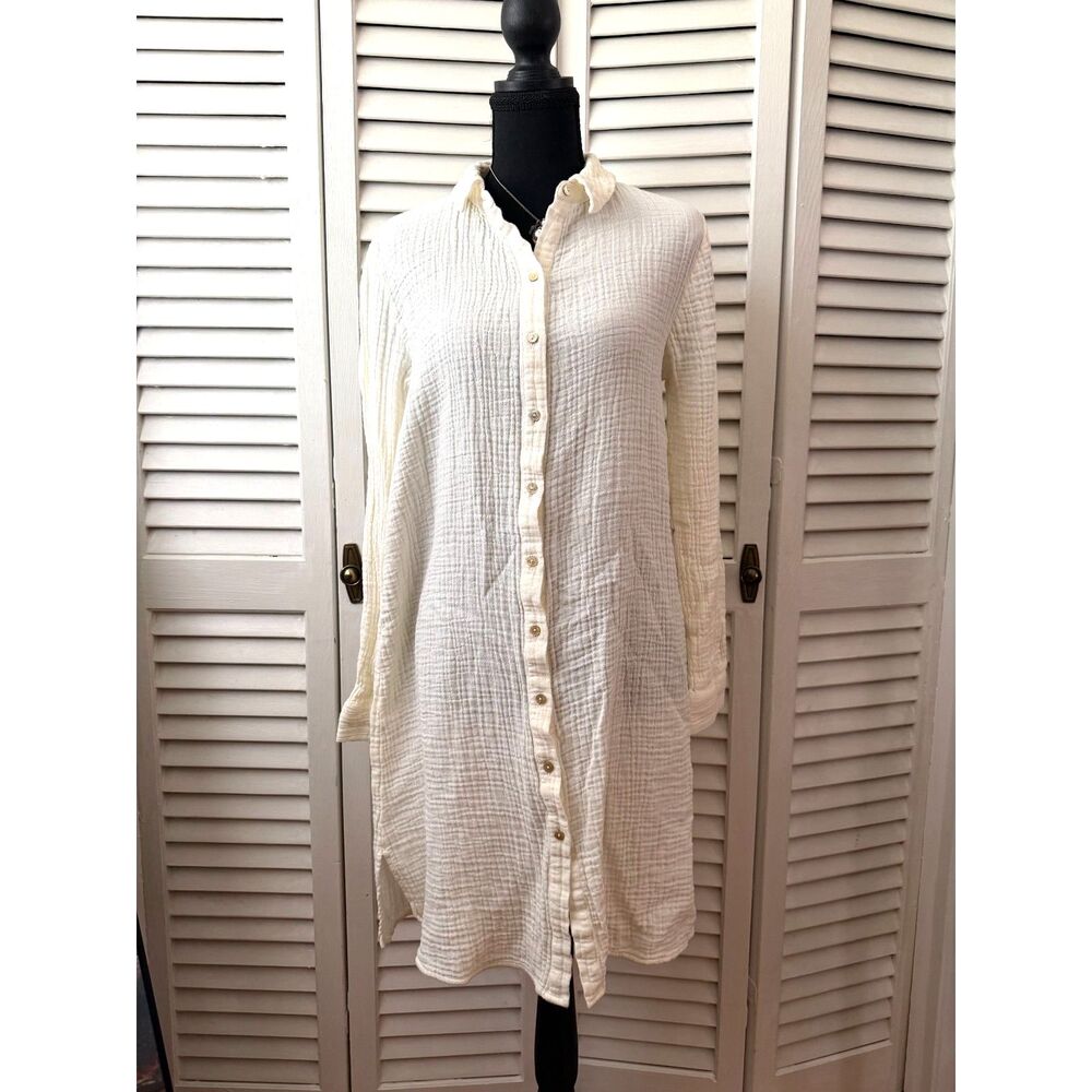 Eileen Fisher Organic Cotton Lofty Gauze Minimalist Long Sleeve Shirt Dress XS